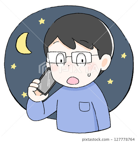 Illustration of a man making a phone call in a hurry at night Emergency Fever Baby care Nursing Father in a hurry 127778764