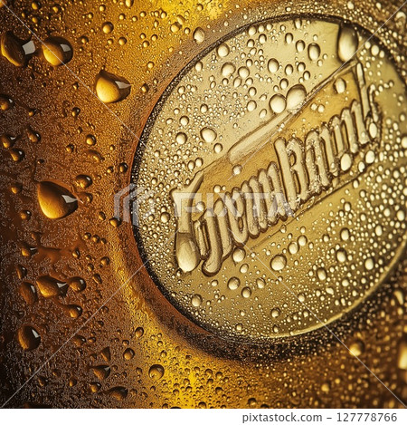 Frosty beer glass shines with golden glow and neon reflections at a lively bar 127778766