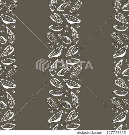 Stylish cardamom pattern with white linear drawing on dark background for packaging textile and modern culinary branding 127778855