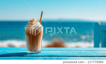 Iced coffee at a stylish cafe with a view of the sea AI image Iced coffee at a stylish cafe with a view of the sea AI image 127778966