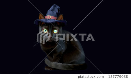 Halloween black cat wearing a witch hat with glowing eyes Halloween black cat wearing a witch hat with glowing eyes 127779088
