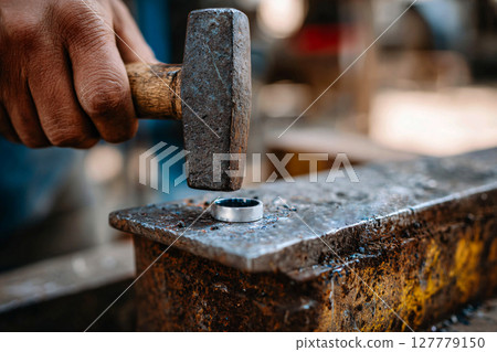 Artisan crafts personalized ring, hammering initials into metal on a steel block 127779150