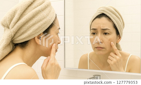 一位女士沐浴後照鏡子，擔心自己的皮膚有瑕疵等問題（16:9 橫向橫幅） 127779353