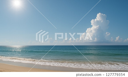 盛夏的海灘，陽光燦爛，積雨雲不斷湧現（16:9 橫向橫幅） 127779354
