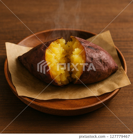 Steam rising from hot roasted sweet potatoes 127779467