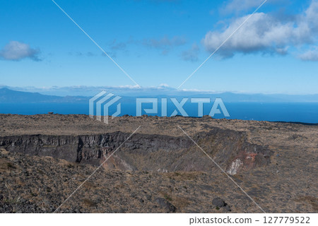The central crater at the summit of Mt. Mihara and Mt. Fuji 127779522