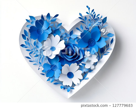 A paper-cut heart adorned with various shades of blue flowers and leaves, creating a delicate and artistic floral arrangement. 127779683