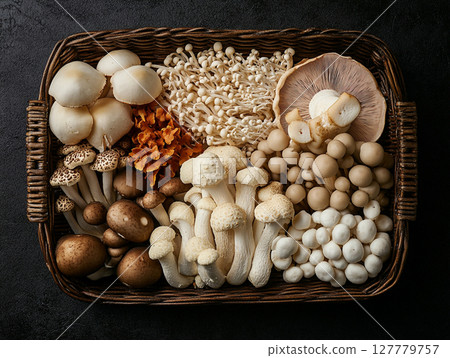A woven basket brimming with an assortment of fresh, earthy mushrooms, showcasing various shapes, sizes, and textures, with some having intricate caps. 127779757