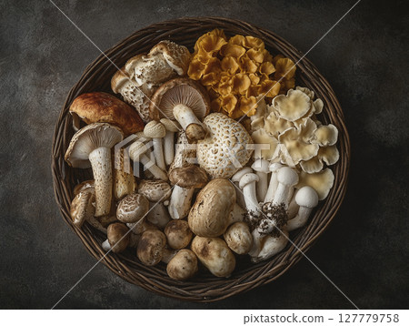 A woven basket brimming with an assortment of fresh, earthy mushrooms, showcasing various shapes, sizes, and textures, with some having intricate caps. 127779758
