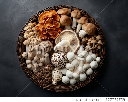A woven basket brimming with an assortment of fresh, earthy mushrooms, showcasing various shapes, sizes, and textures, with some having intricate caps. 127779759