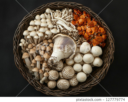 A woven basket brimming with an assortment of fresh, earthy mushrooms, showcasing various shapes, sizes, and textures, with some having intricate caps. 127779774