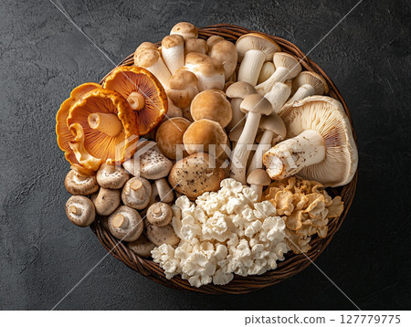 A woven basket brimming with an assortment of fresh, earthy mushrooms, showcasing various shapes, sizes, and textures, with some having intricate caps. A woven basket brimming with an assortment of fresh, earthy mushrooms, showcasing various shapes, sizes, and textures, with some having intricate caps. 127779775