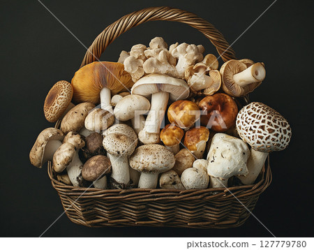 A woven basket brimming with an assortment of fresh, earthy mushrooms, showcasing various shapes, sizes, and textures, with some having intricate caps. 127779780