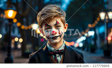Boy in Clown Makeup on Halloween Night. AI generation Boy in Clown Makeup on Halloween Night. AI generation 127779809
