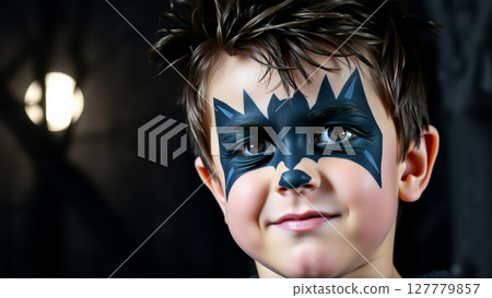 Portrait of a young boy with bat-shaped Halloween face paint, smiling in front of a moonlit forest. The dark background enhances the Halloween mood. AI generation 127779857