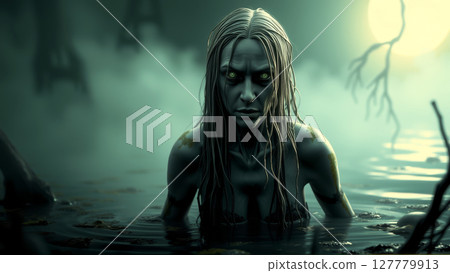 Creepy figure emerging from a misty lake under a full moon on Halloween. AI generation 127779913