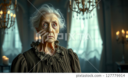 Elderly Woman with Intense Expression in Vintage Candlelit Room. AI generation 127779914