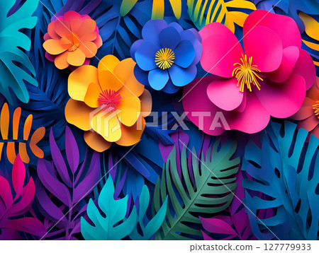 A vibrant, layered paper-cut illustration of tropical flowers and leaves in neon shades of pink, orange, yellow, and various blues. 127779933