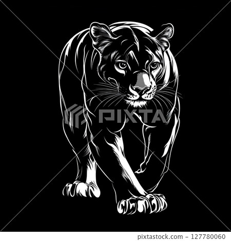 A powerful black panther illustration with sleek lines and subtle shading against a dark background, showcasing its intense gaze and stealthy stride. 127780060