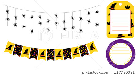 Halloween garlands and stickers in purple orange black and yellow. Round square and rectangular labels with spooky themes. Vector decorations for party packaging scrapbooking and design. 127780081