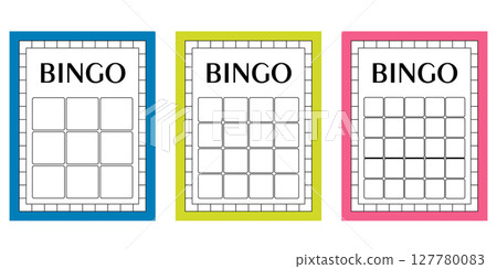 Set of empty bingo cards with no numbers. Clean lotto gambling ticket templates. Vector illustrations of blank keno sheets for casino-themed games, lucky draw designs and betting concepts. 127780083
