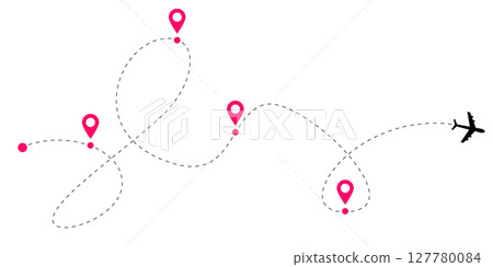 Dotted aircraft route lines with airplane flight paths and curved navigation trails showing dashed tracking connections for global aviation and travel themed stock illustration concepts 127780084