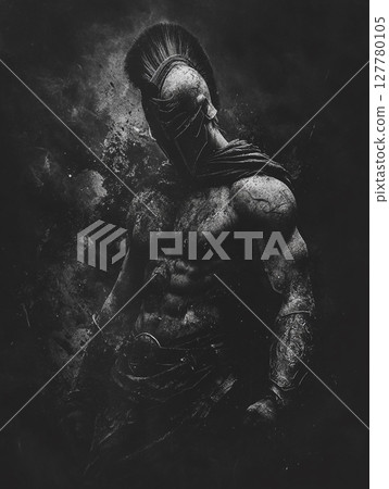 A lone Spartan warrior, clad in dark, weathered armor and a helmet with a distinctive crest, stands in a low-lit, moody setting, evoking a sense of solemnity. 127780105