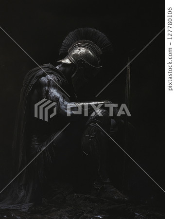 A lone Spartan warrior, clad in dark, weathered armor and a helmet with a distinctive crest, stands in a low-lit, moody setting, evoking a sense of solemnity. 127780106