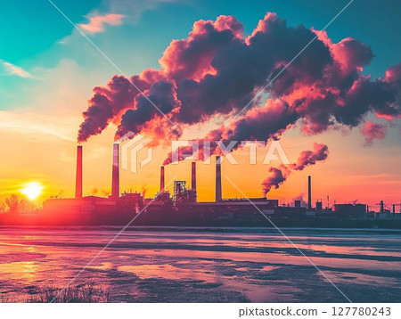 A factory with multiple smokestacks spews thick plumes of smoke against a fiery orange and red sunset sky, highlighting industrial pollution. 127780243