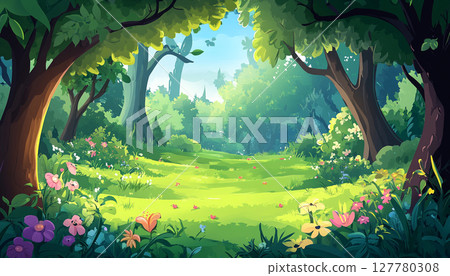 A vibrant cartoon forest scene with tall green trees, lush foliage, a dirt path, and a bright blue sky with fluffy white clouds. A vibrant cartoon forest scene with tall green trees, lush foliage, a dirt path, and a bright blue sky with fluffy white clouds. 127780308