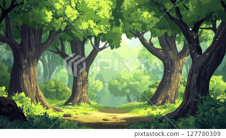 A vibrant cartoon forest scene with tall green trees, lush foliage, a dirt path, and a bright blue sky with fluffy white clouds. 127780309
