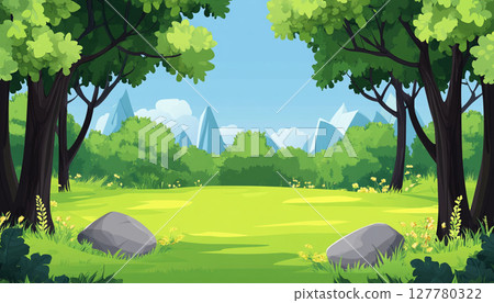 A vibrant cartoon forest scene with tall green trees, lush foliage, a dirt path, and a bright blue sky with fluffy white clouds. A vibrant cartoon forest scene with tall green trees, lush foliage, a dirt path, and a bright blue sky with fluffy white clouds. 127780322
