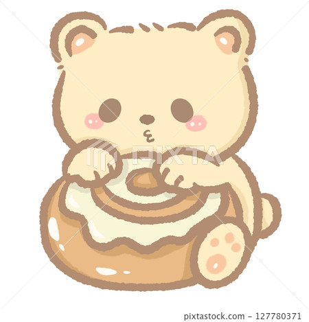 Cute Kawaii Bear Holding cinnamon roll Clipart Bakery Animal Illustration for Kids Stickers Greeting Cards Sublimation Digital Planners Cafe Themes Scrapbooking and Craft Projects 127780371