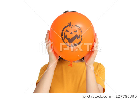 Child revels with a bright balloon, isolated on white, PNG 127780399