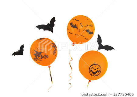 Halloween orange balloons with bats, isolated on white, PNG 127780406