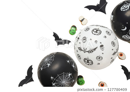 Festive vibe with balloons and treats, isolated on white, PNG Festive vibe with balloons and treats, isolated on white, PNG 127780409