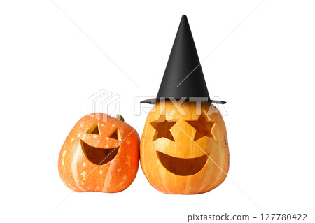 Two happy pumpkins for Halloween, isolated on white, PNG Two happy pumpkins for Halloween, isolated on white, PNG 127780422