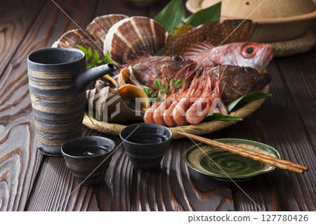 Sake and Hokkaido seafood Sake and Hokkaido seafood 127780426
