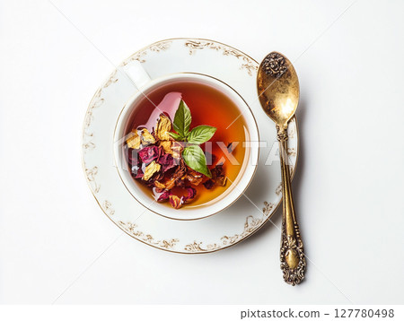 A golden-trimmed tea cup with herbal tea, dried floral pieces, and a vintage spoon, evoking sophistication and relaxation. 127780498