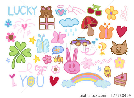 Cute hand drawn illustrations of teddy bear and gift box, pink bunny, cat, cake, heart, butterfly, cherry, mushroom, flowers, rainbow, car, clover leaf, lucky letters for decorations, cartoon, animals 127780499