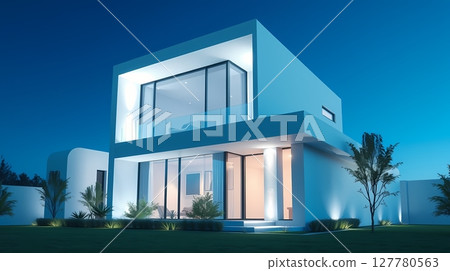 Minimalist house silhouette at dusk with blue tones. 127780563