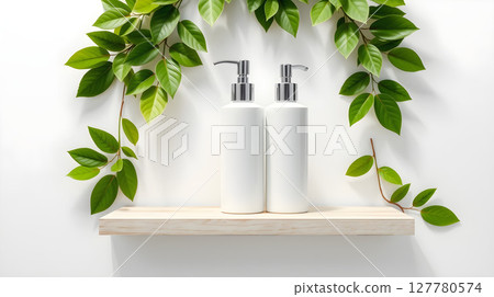Two white bottles with metal pump dispensers on a wooden shelf, surrounded by green leaves 127780574