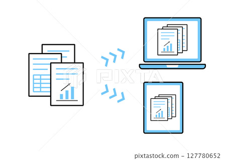 An illustration of digitizing business documents onto a computer and tablet 127780652