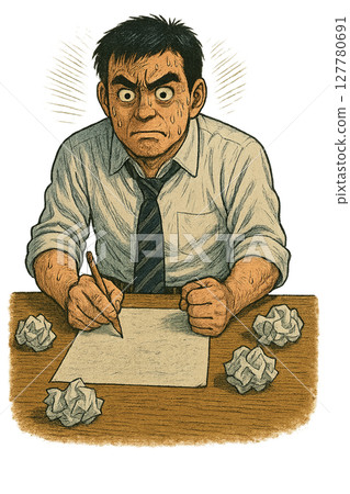 A perfectionist man who is unable to be satisfied and keeps rewriting his work, a perfectionist businessman who is unable to compromise and is in agony, 127780691