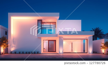 White and concrete house with elegant lighting. 127780726