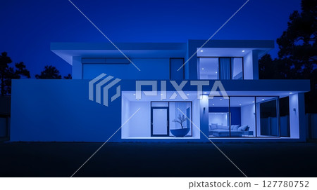Dark minimalist architecture with blue night tones. 127780752