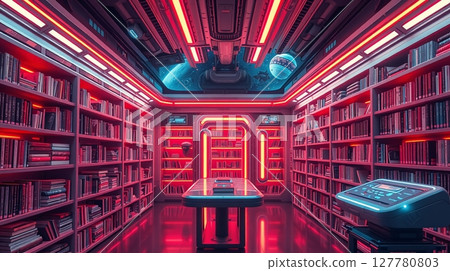Futuristic Library Interior with Neon Lighting and Books 127780803