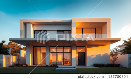 Modern white building with glass accents. 127780804