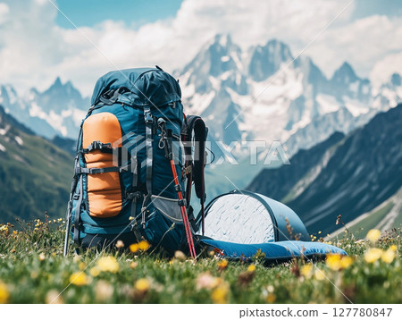Hiking backpack and rolled sleeping pad set on a mountain meadow with snow-capped peaks and evergreen trees in the background. 127780847