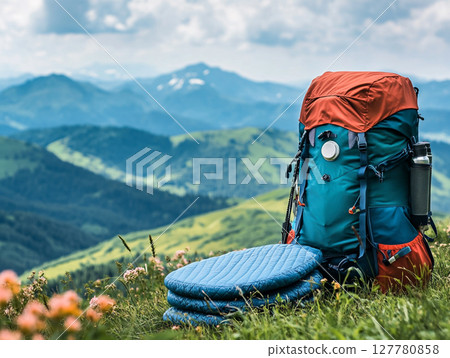 Hiking backpack and rolled sleeping pad set on a mountain meadow with snow-capped peaks and evergreen trees in the background. 127780858